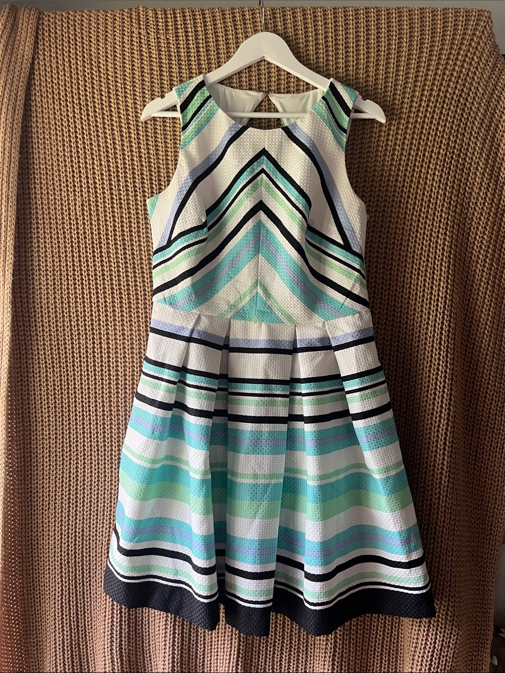 Danny & Nicole Mint, White & Black Striped Fit-and-Flare Dress - Picture 1 of 9